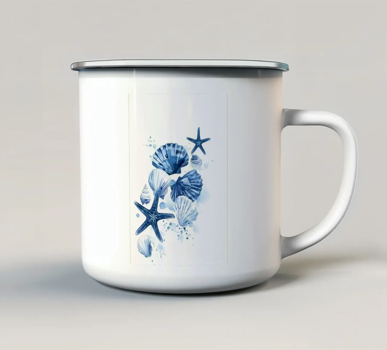 Blue Seashells Starfish Watercolor Coastal Art enamel mug by dawnthesea