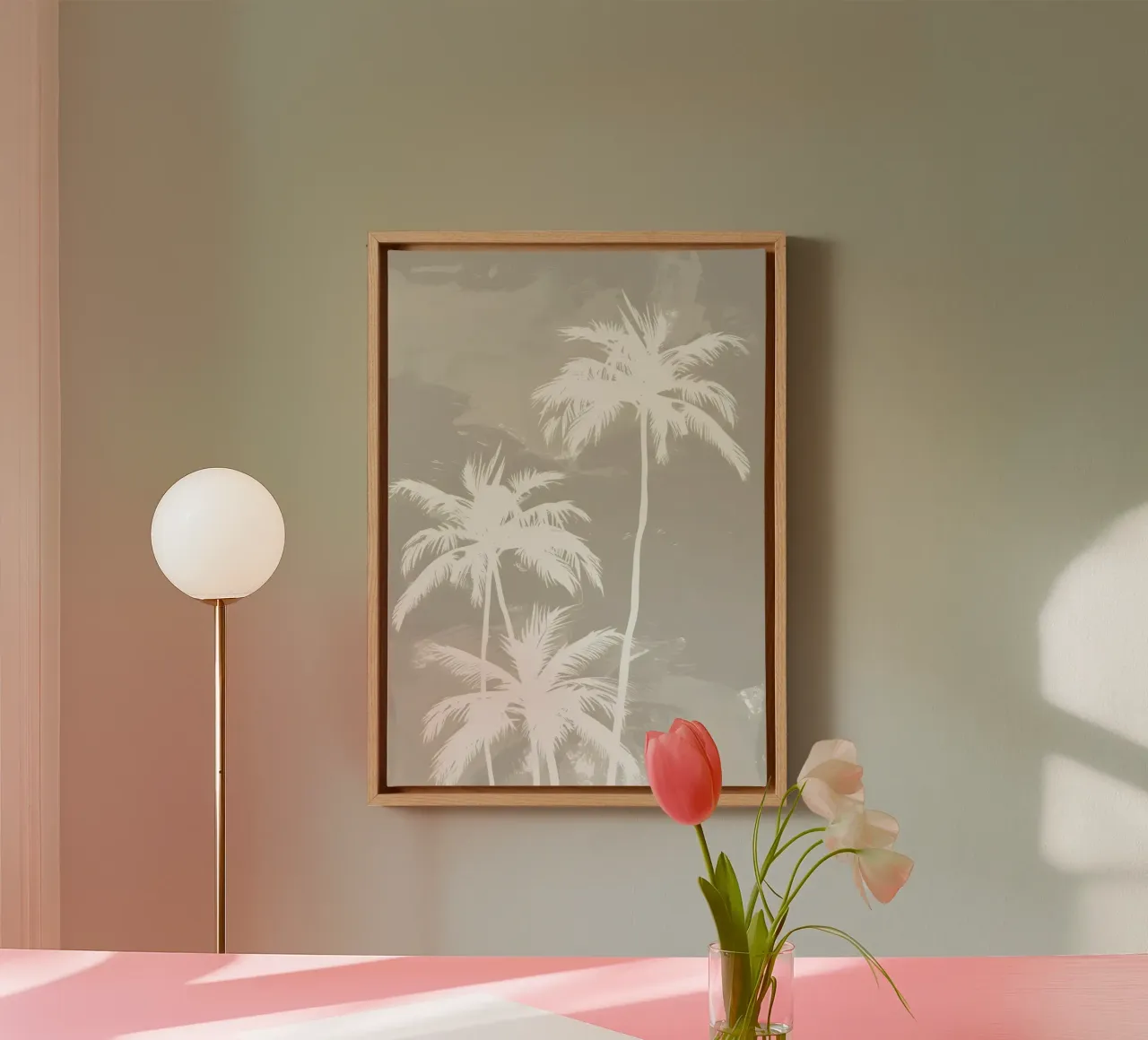Witte Palmbomen Neutraal Abstract Kustkunst canvas met Baklijst van dawnthesea