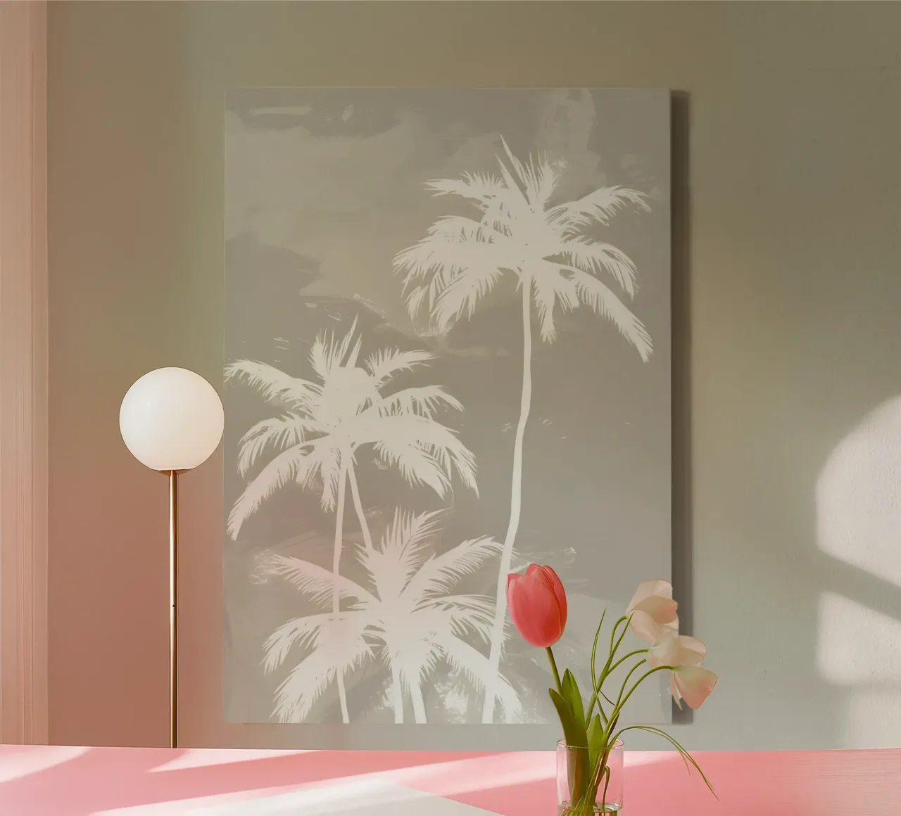 Witte Palmbomen Neutraal Abstract Kustkunst canvas met Baklijst van dawnthesea