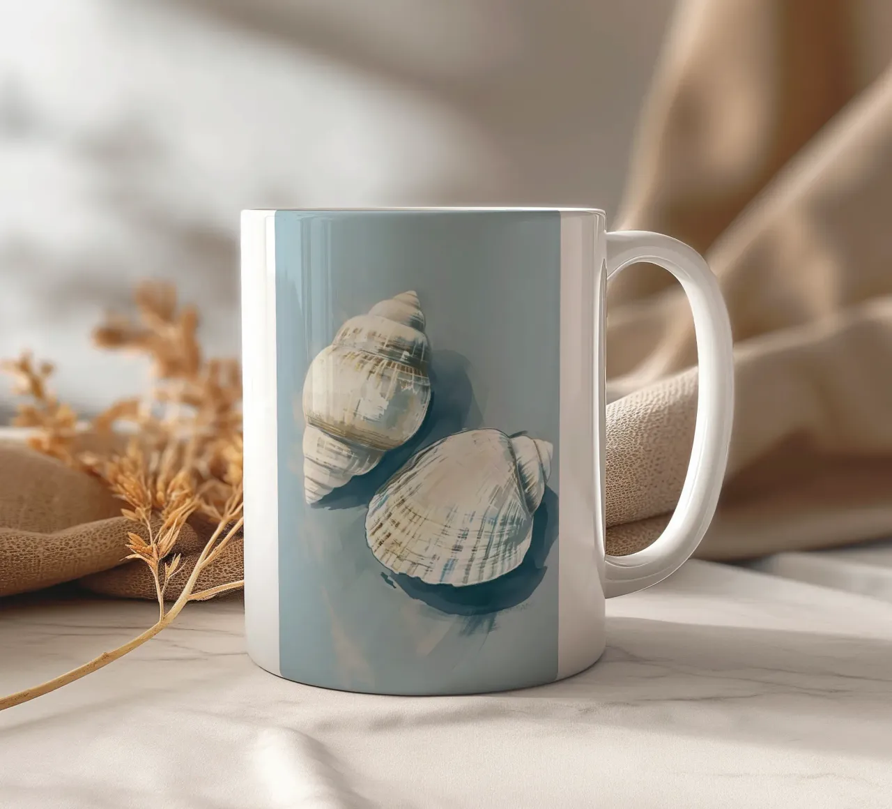 Kustschelpen Blauw Grijs Abstract Marine Kunst keramische mok van dawnthesea