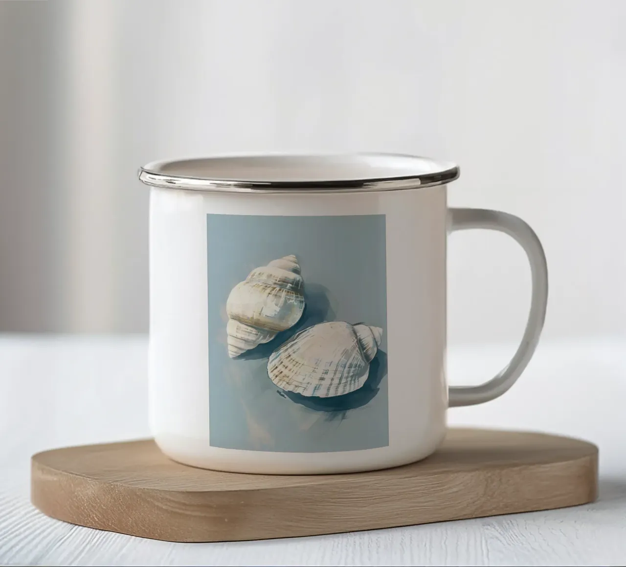 Kustschelpen Blauw Grijs Abstract Marine Kunst emaille mok van dawnthesea