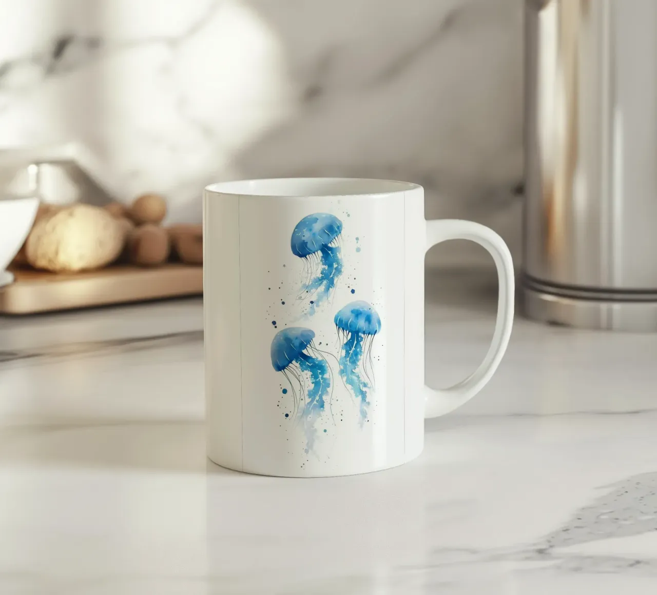 Tre meduse blu acquerellate nell'oceano tazza in ceramica da dawnthesea