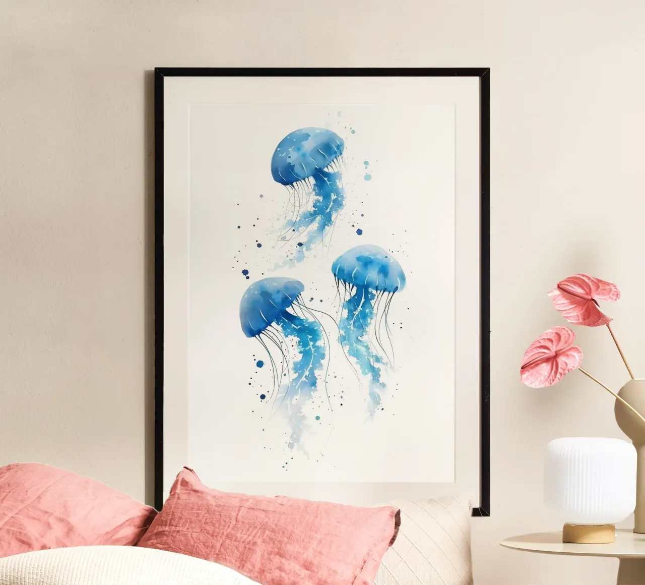 Tre meduse blu acquerellate nell'oceano poster con telaio in alluminio da dawnthesea