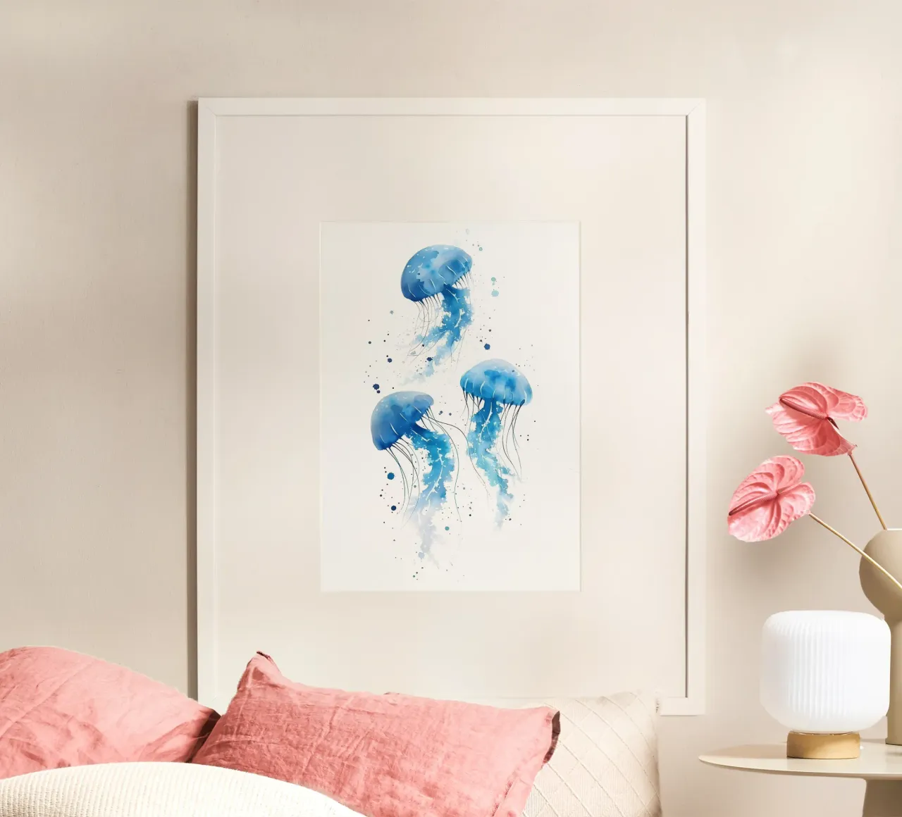Tre meduse blu acquerellate nell'oceano poster con telaio in alluminio da dawnthesea