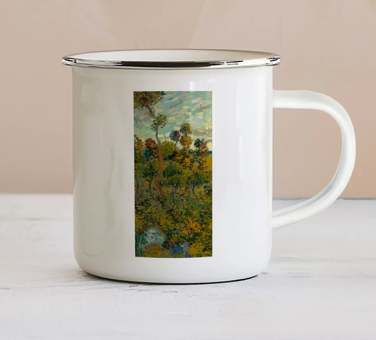vista sulla fitta foresta al mattino tazza in smalto da cloud shop