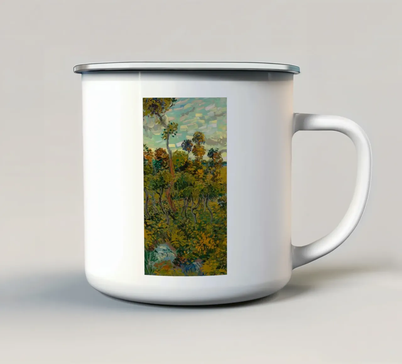 vista sulla fitta foresta al mattino tazza in smalto da cloud shop