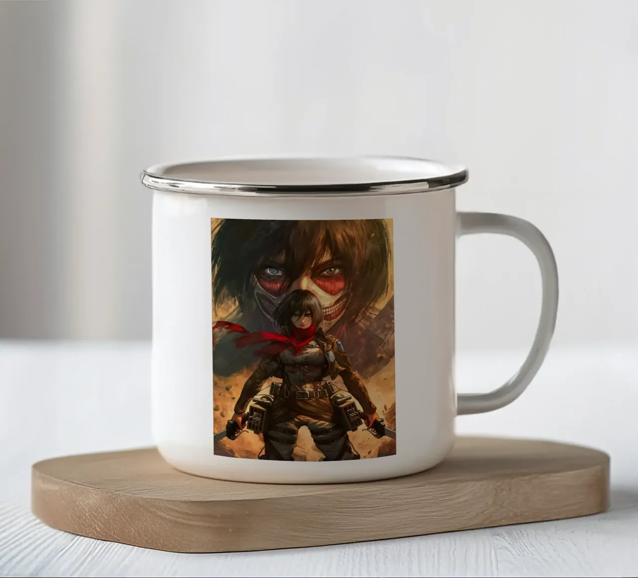 Mikasa Ackerman Attacco su Titano tazza in smalto da Fleur de Lys