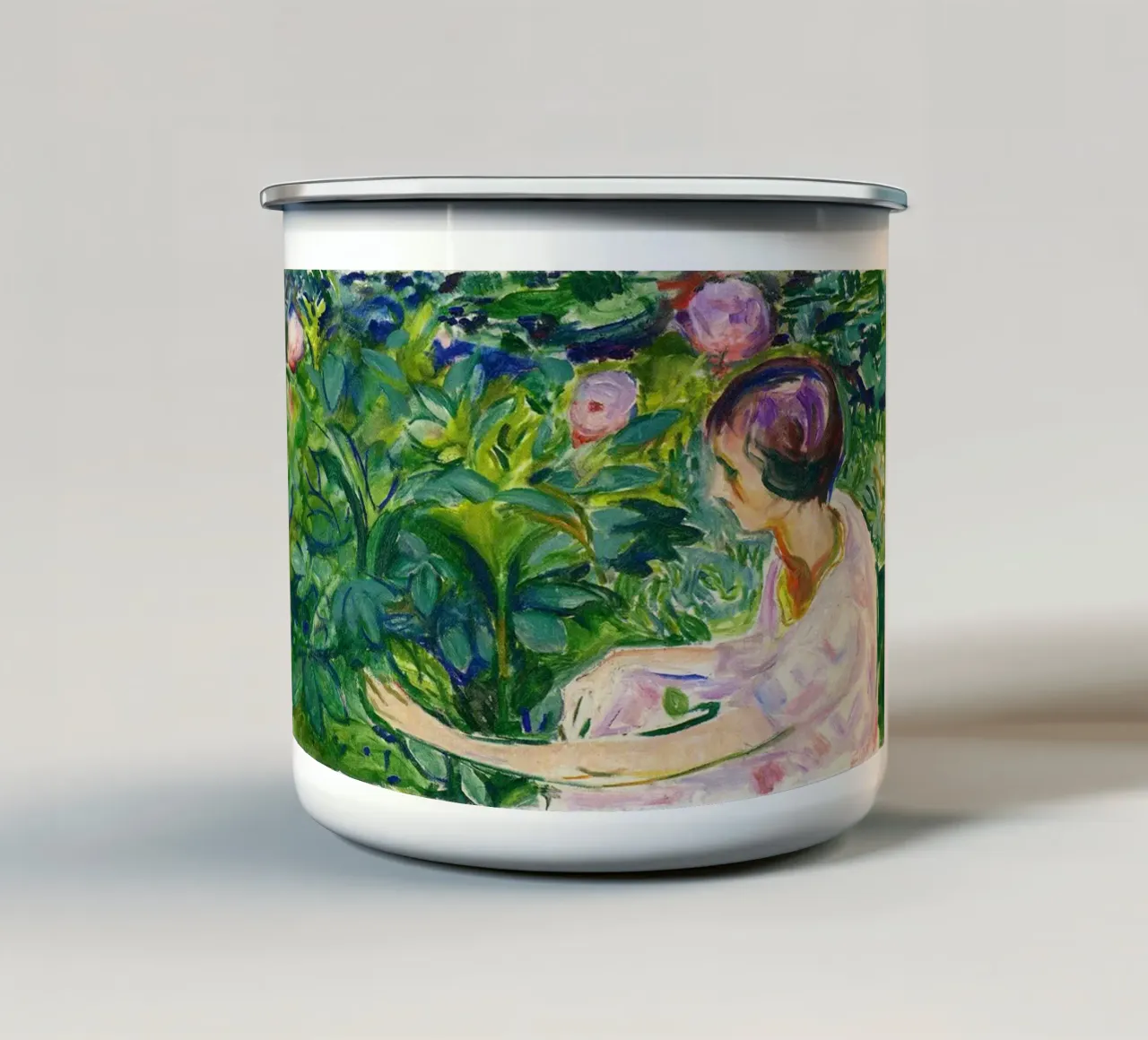 bambina che raccoglie fiori tazza in smalto da cupcup art