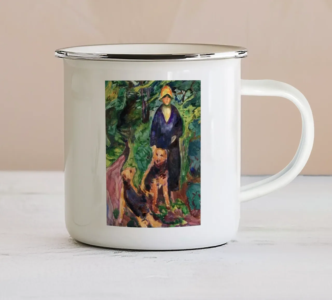 caccia nella foresta con due cani tazza in smalto da cupcup art