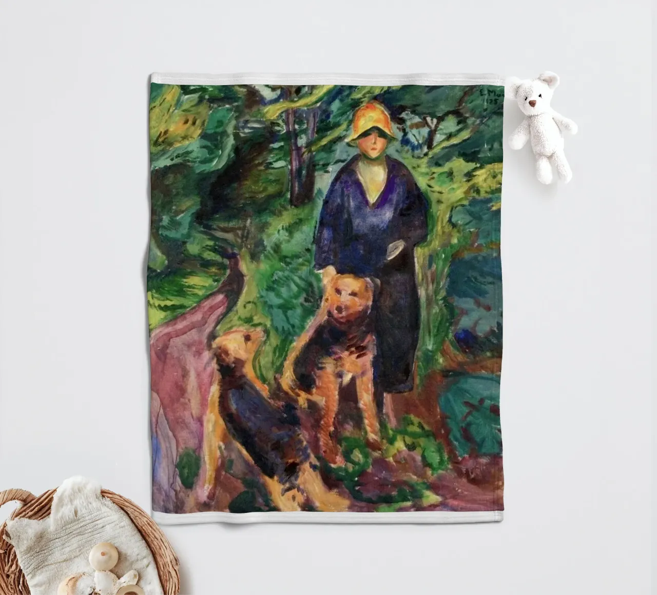 caccia nella foresta con due cani coperta in pile da cupcup art