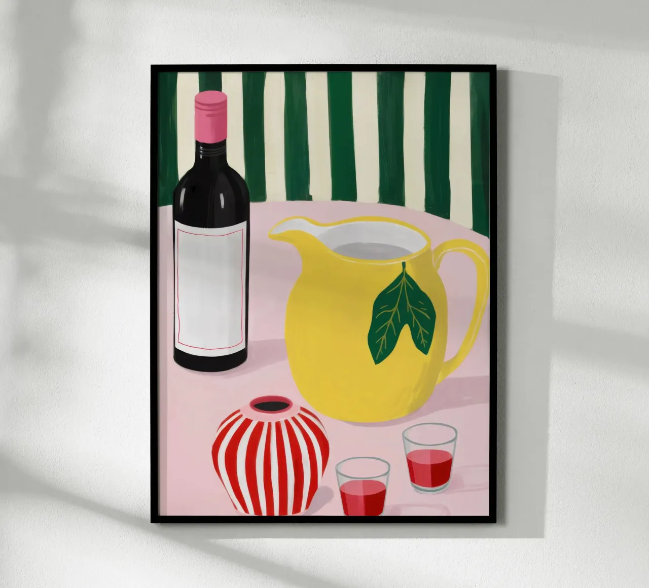 Natura morta di brocca di vino poster con telaio in legno da Lune Dreams