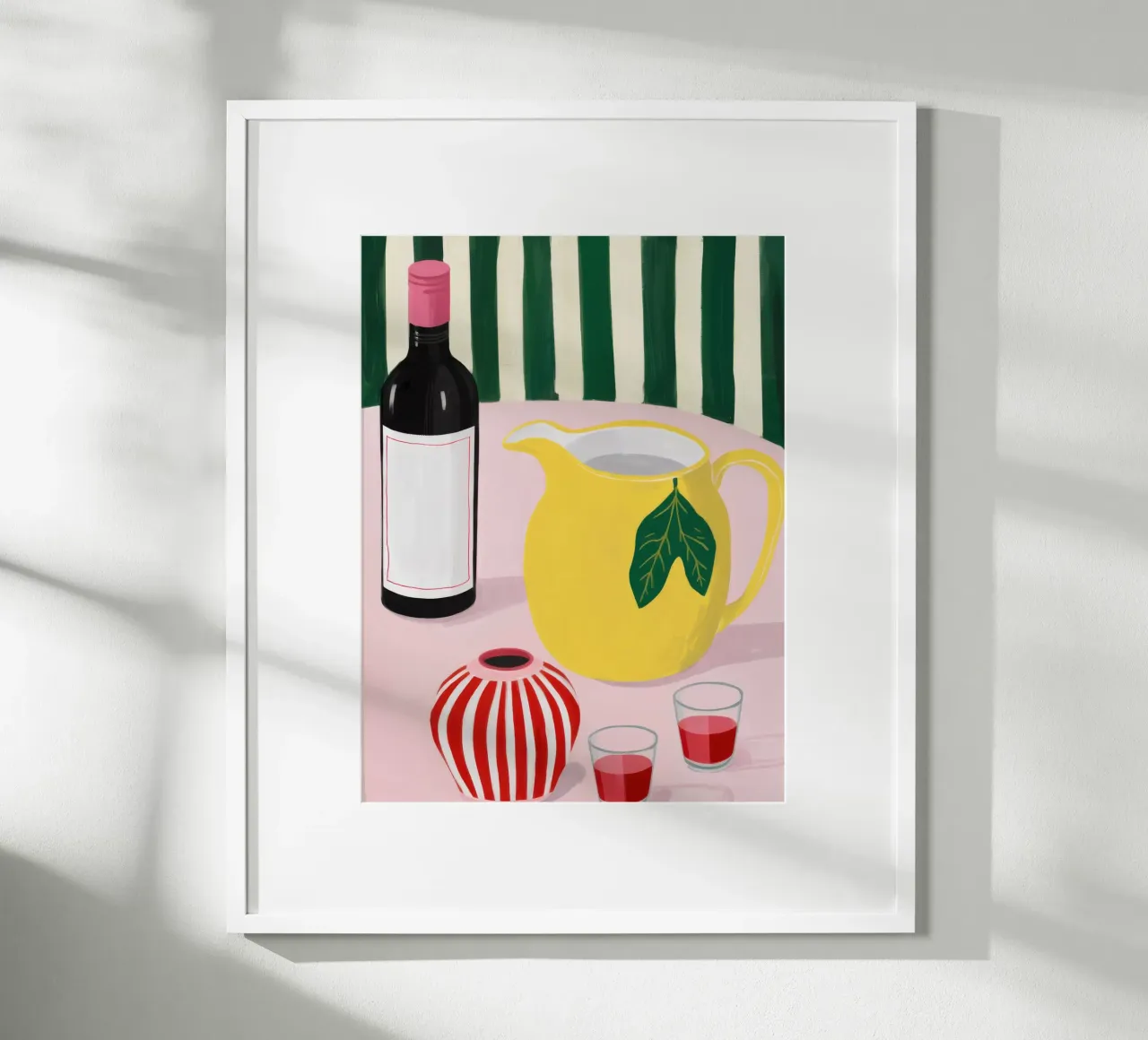 Natura morta di brocca di vino poster con telaio in legno da Lune Dreams