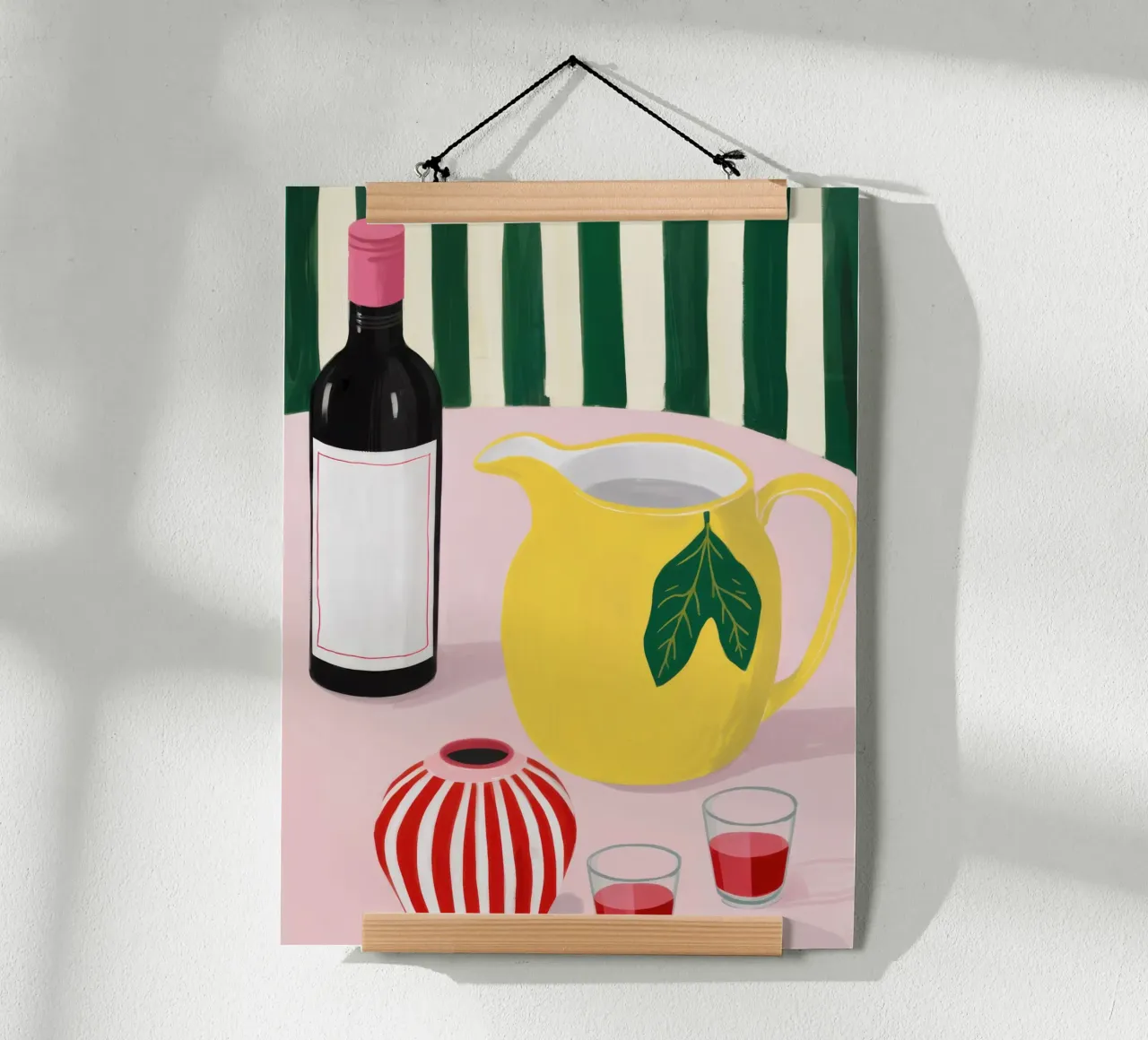 Natura morta di brocca di vino poster con telaio in legno da Lune Dreams