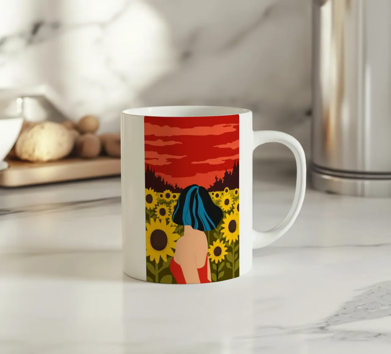 Abbraccio al tramonto dei girasoli tazza in ceramica da Mossy Pigment