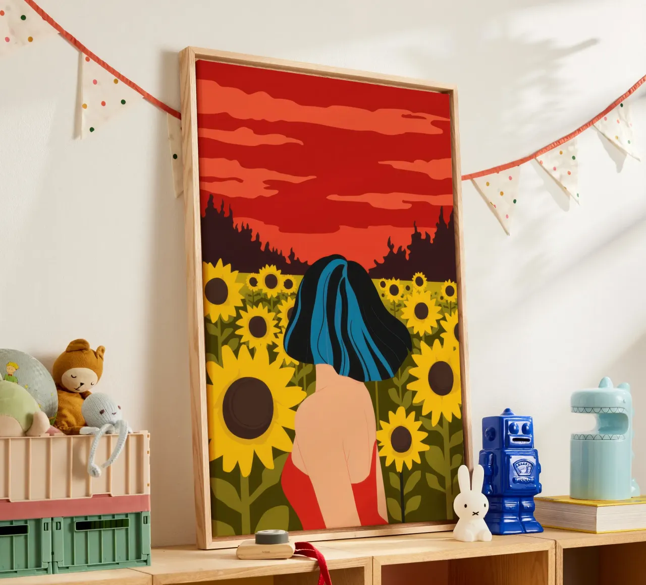 Abbraccio al tramonto dei girasoli tela con Cornice a cassetta da Mossy Pigment