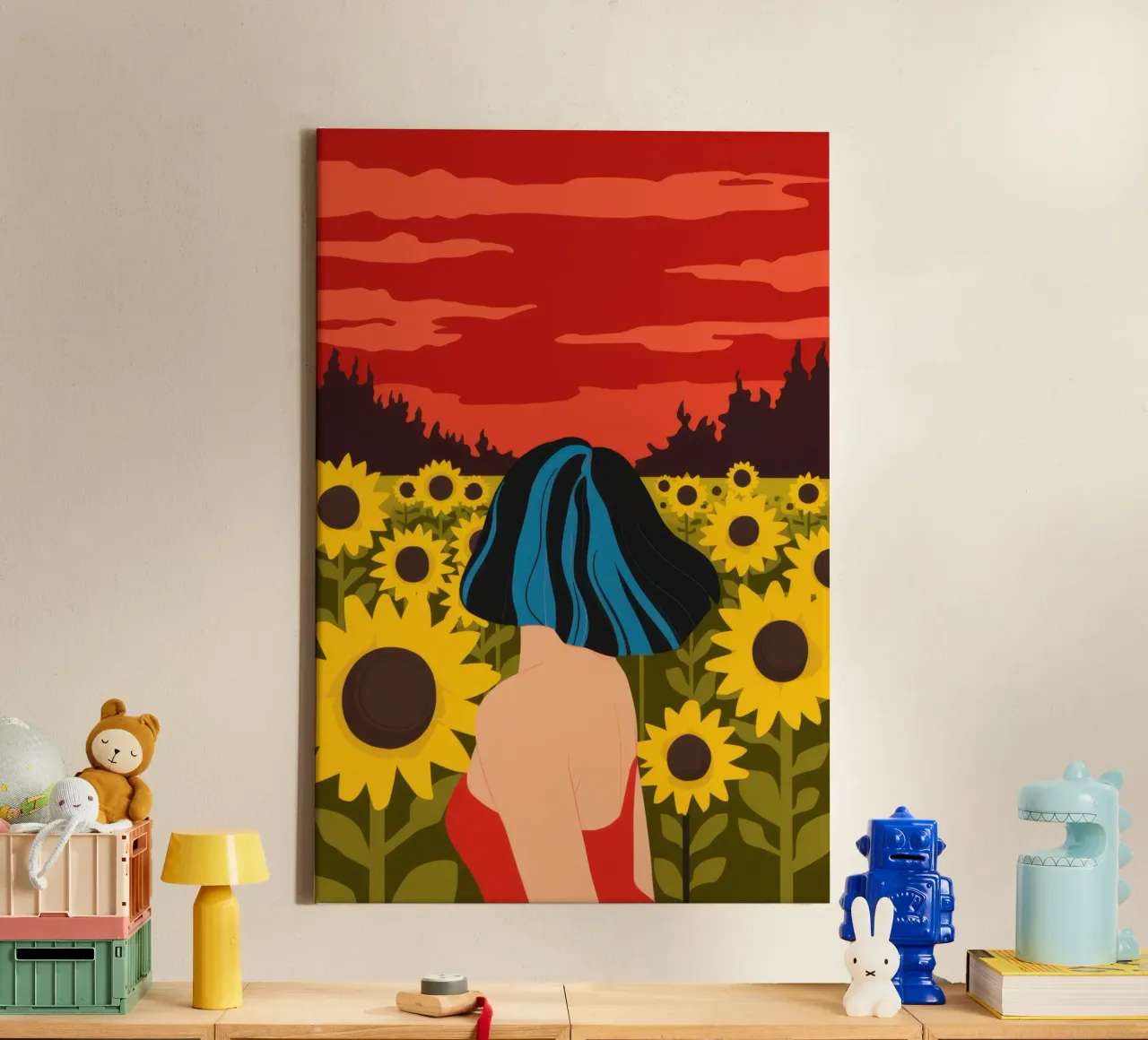 Abbraccio al tramonto dei girasoli tela con Cornice a cassetta da Mossy Pigment