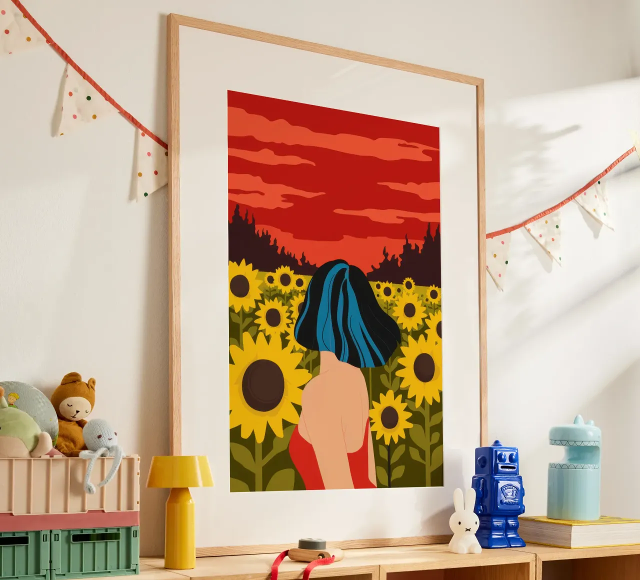 Abbraccio al tramonto dei girasoli poster con telaio in plastica da Mossy Pigment