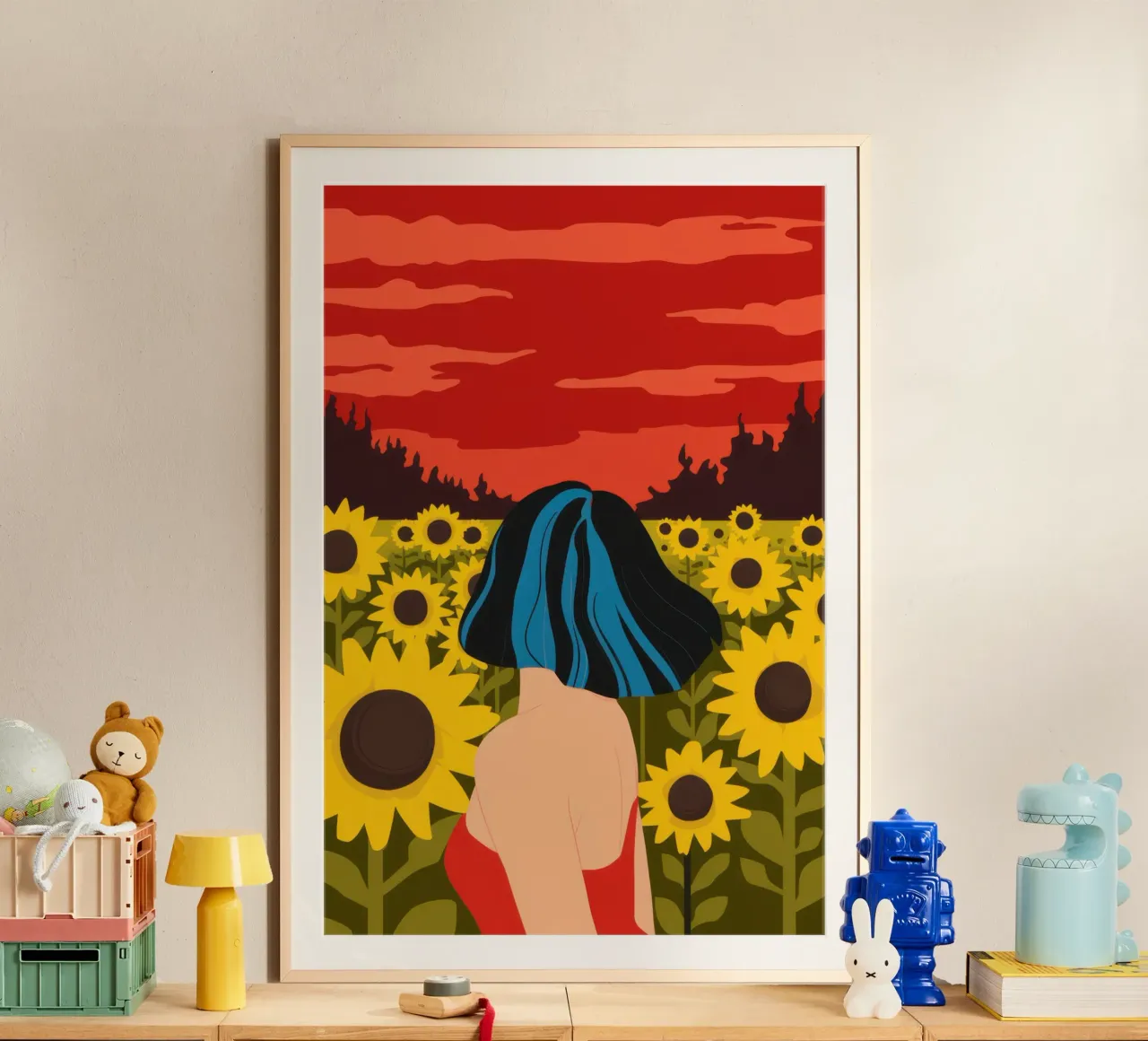 Abbraccio al tramonto dei girasoli poster con telaio in plastica da Mossy Pigment