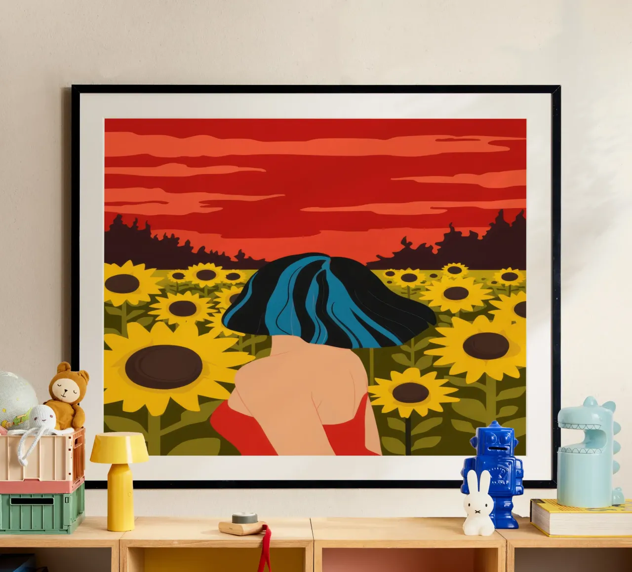 Abbraccio al tramonto dei girasoli poster con telaio in plastica da Mossy Pigment