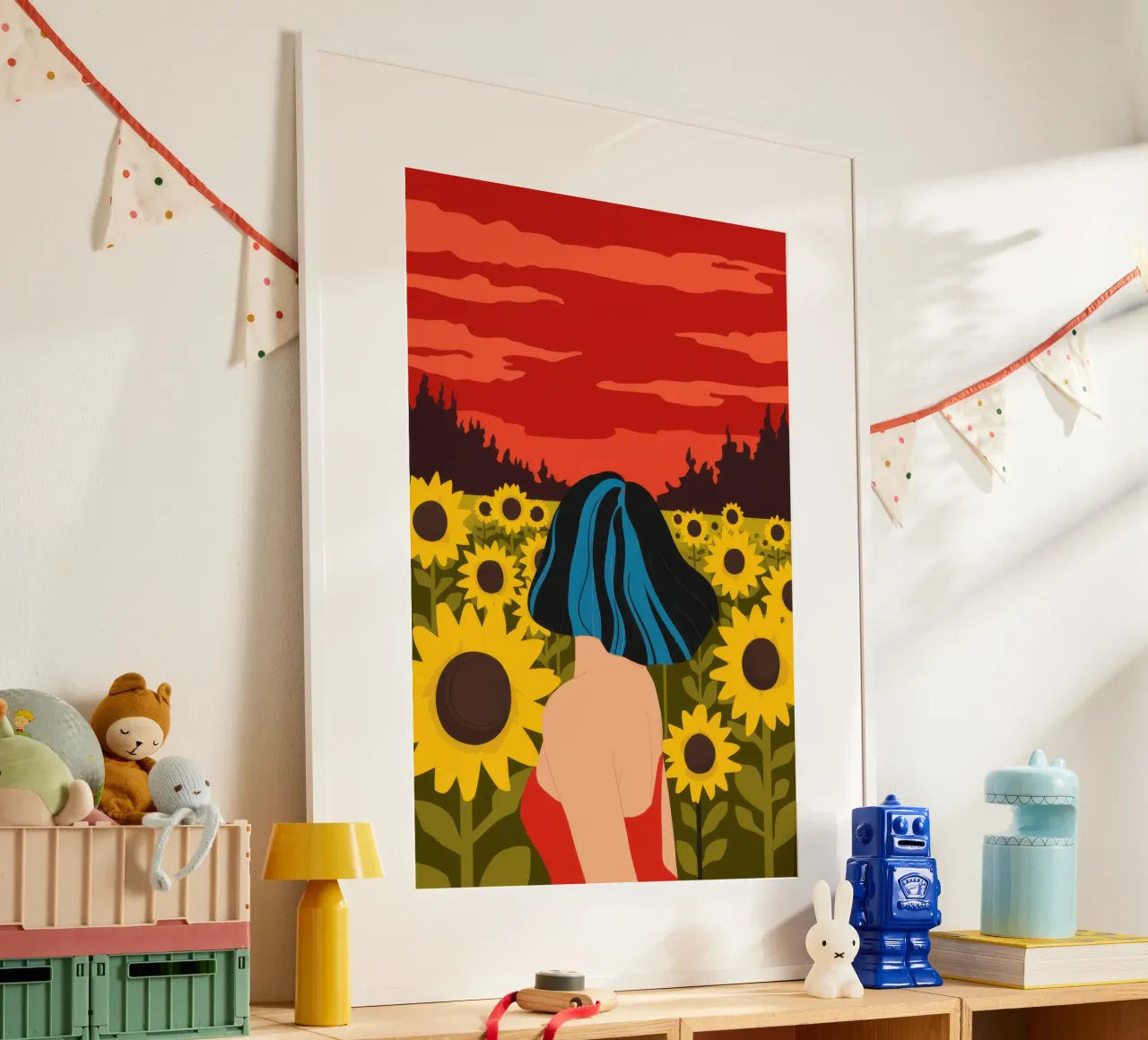 Abbraccio al tramonto dei girasoli poster con telaio in plastica da Mossy Pigment