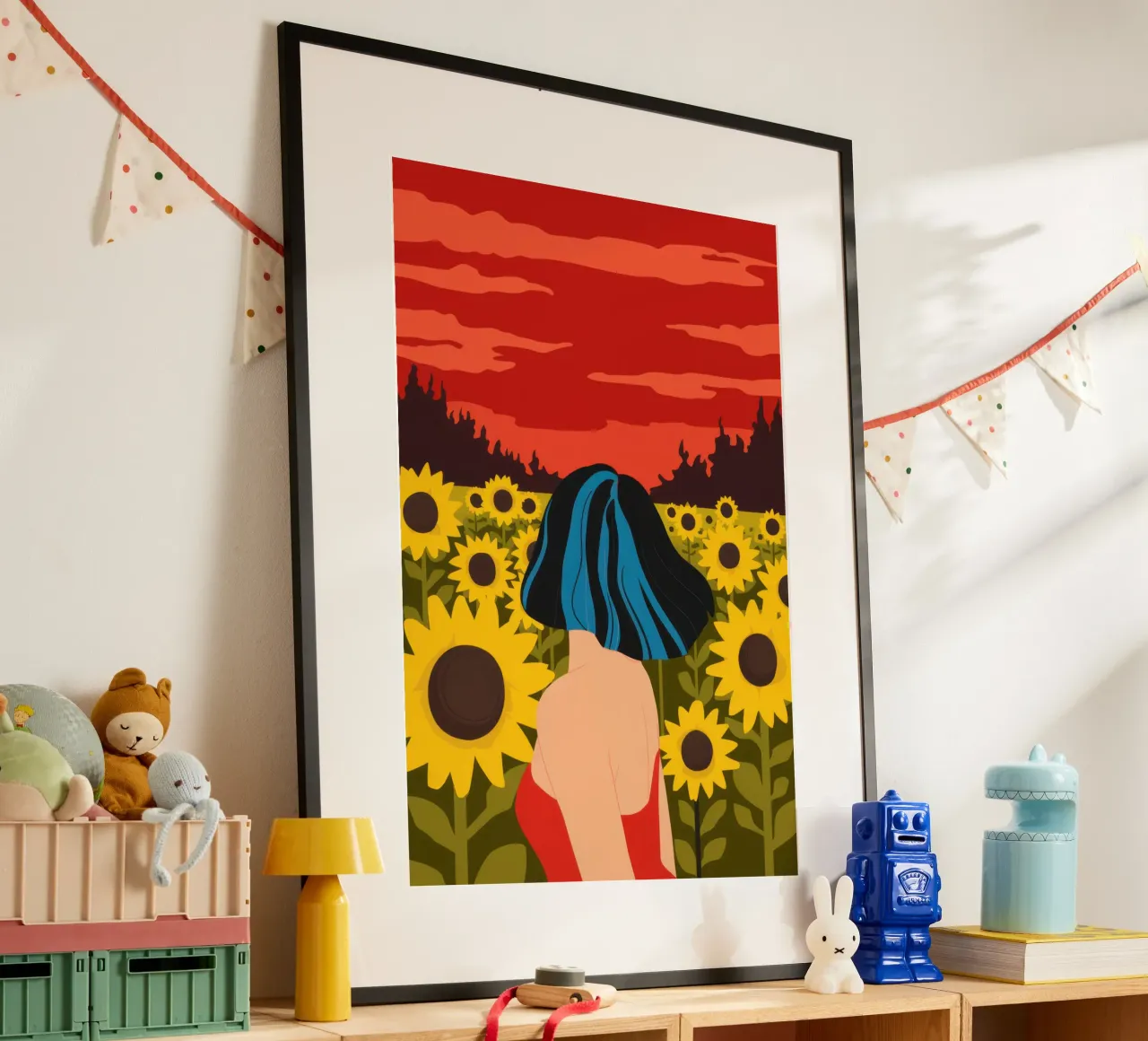 Abbraccio al tramonto dei girasoli poster con telaio in plastica da Mossy Pigment