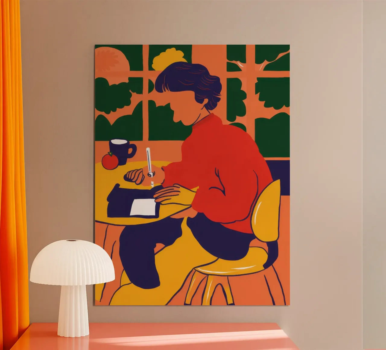 Lecture du pull-over rouge poster avec cadre en aluminium de Lune Dreams