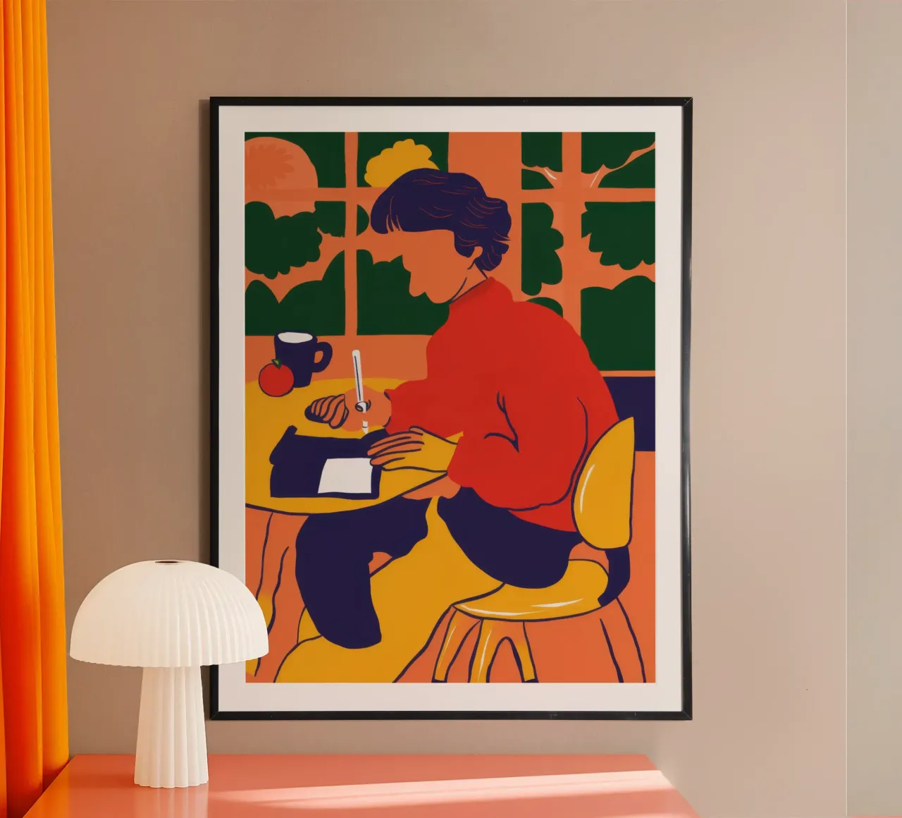 Lecture du pull-over rouge poster avec cadre en aluminium de Lune Dreams