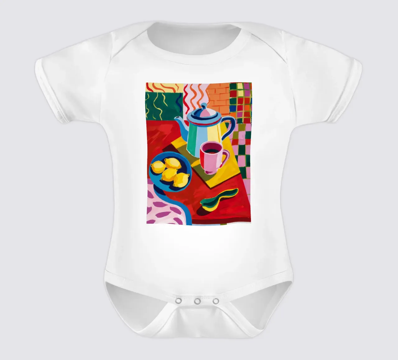 Checkered Tea Ceremony short-sleeve baby romper by Arcane Lines