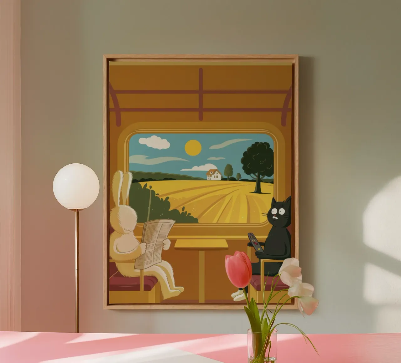 Train Window Rabbits canvas with Floater frame by Lune Dreams