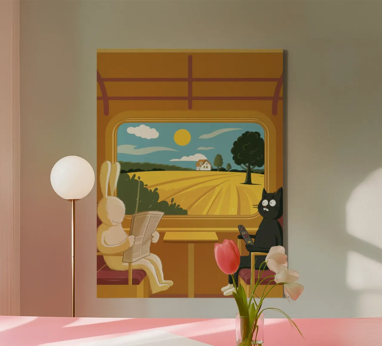 Train Window Rabbits canvas with Floater frame by Lune Dreams
