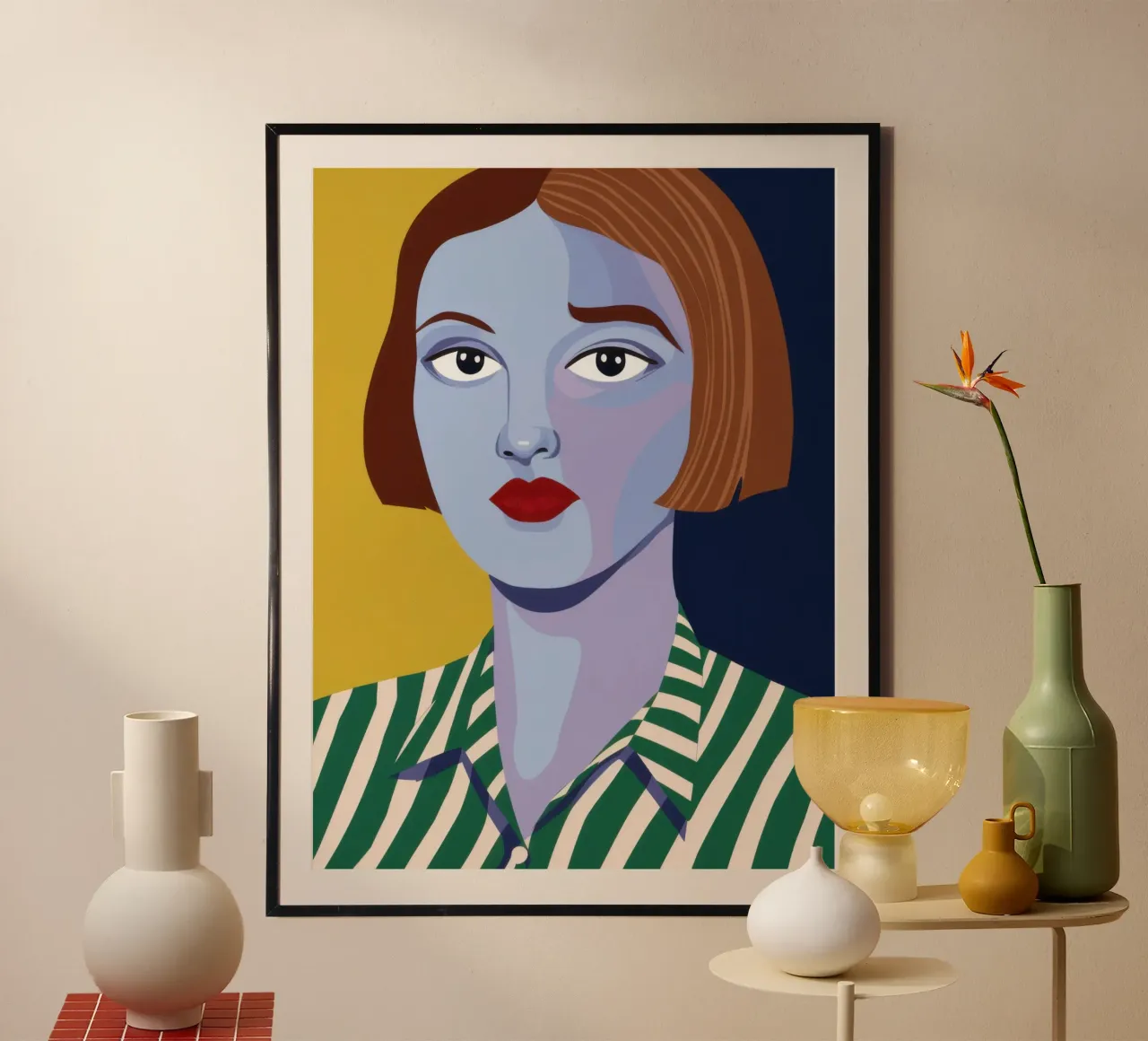 Azuur Gestreepte Blik poster met houten frame van Hollow Years