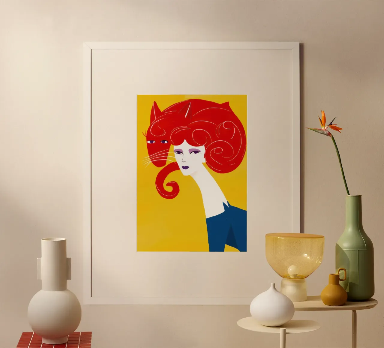 Surrealismo dei capelli rossi poster con telaio in legno da Lune Dreams