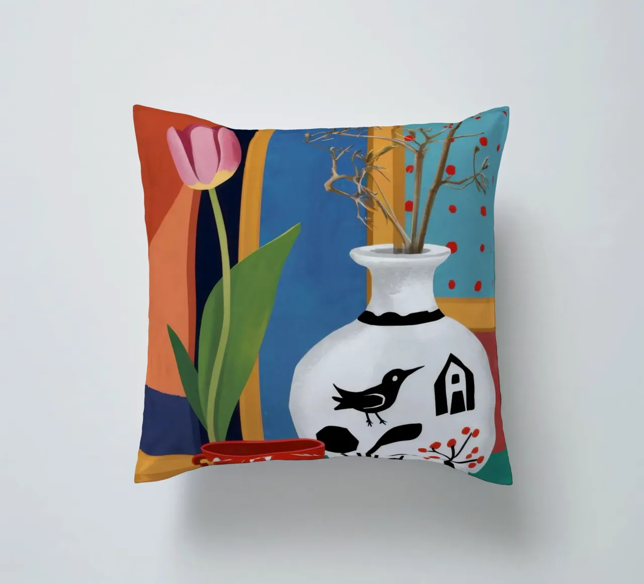 Whimsical Bird Vase decorative cushion by Arcane Lines