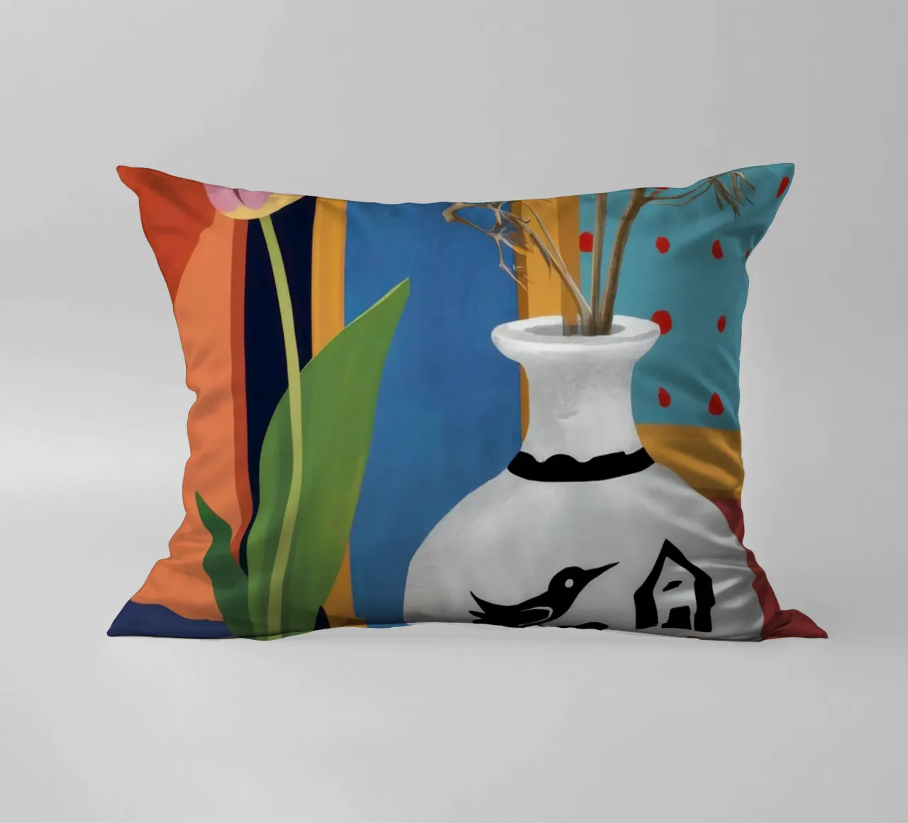 Whimsical Bird Vase decorative cushion by Arcane Lines
