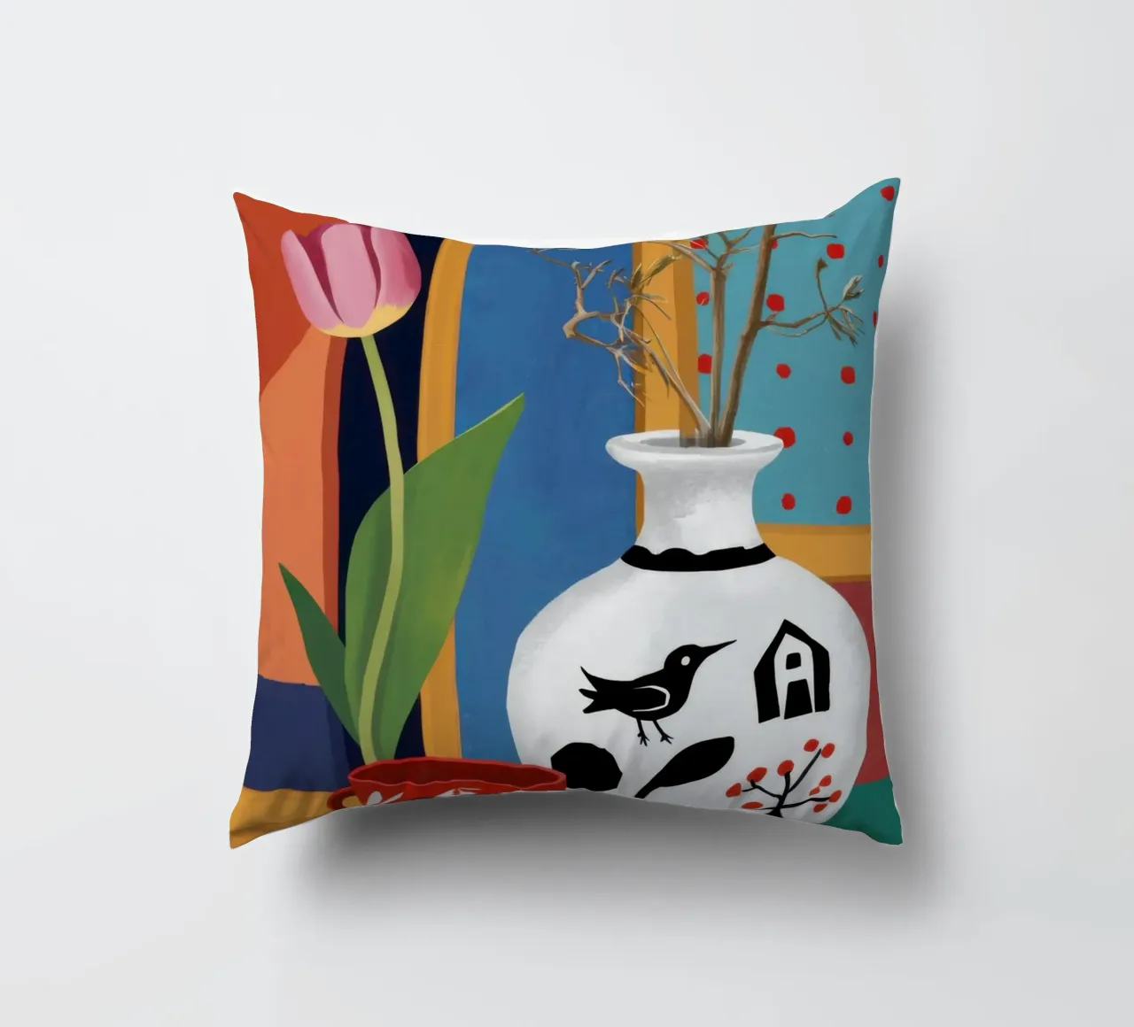 Whimsical Bird Vase decorative cushion by Arcane Lines