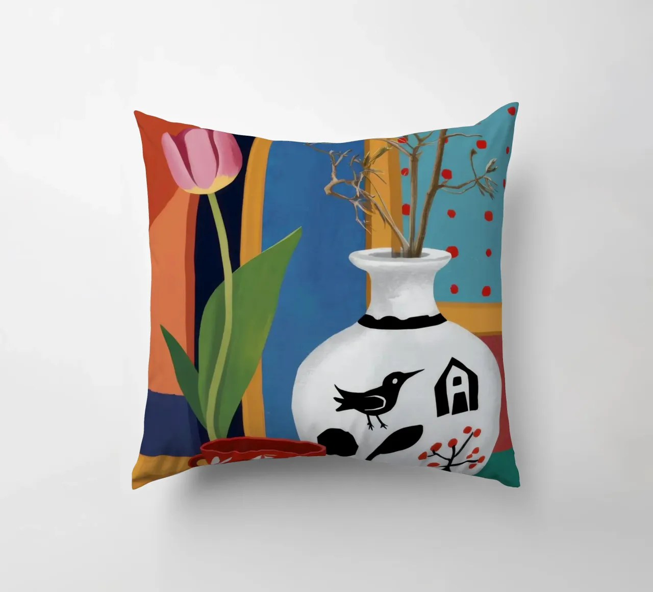 Whimsical Bird Vase decorative cushion by Arcane Lines