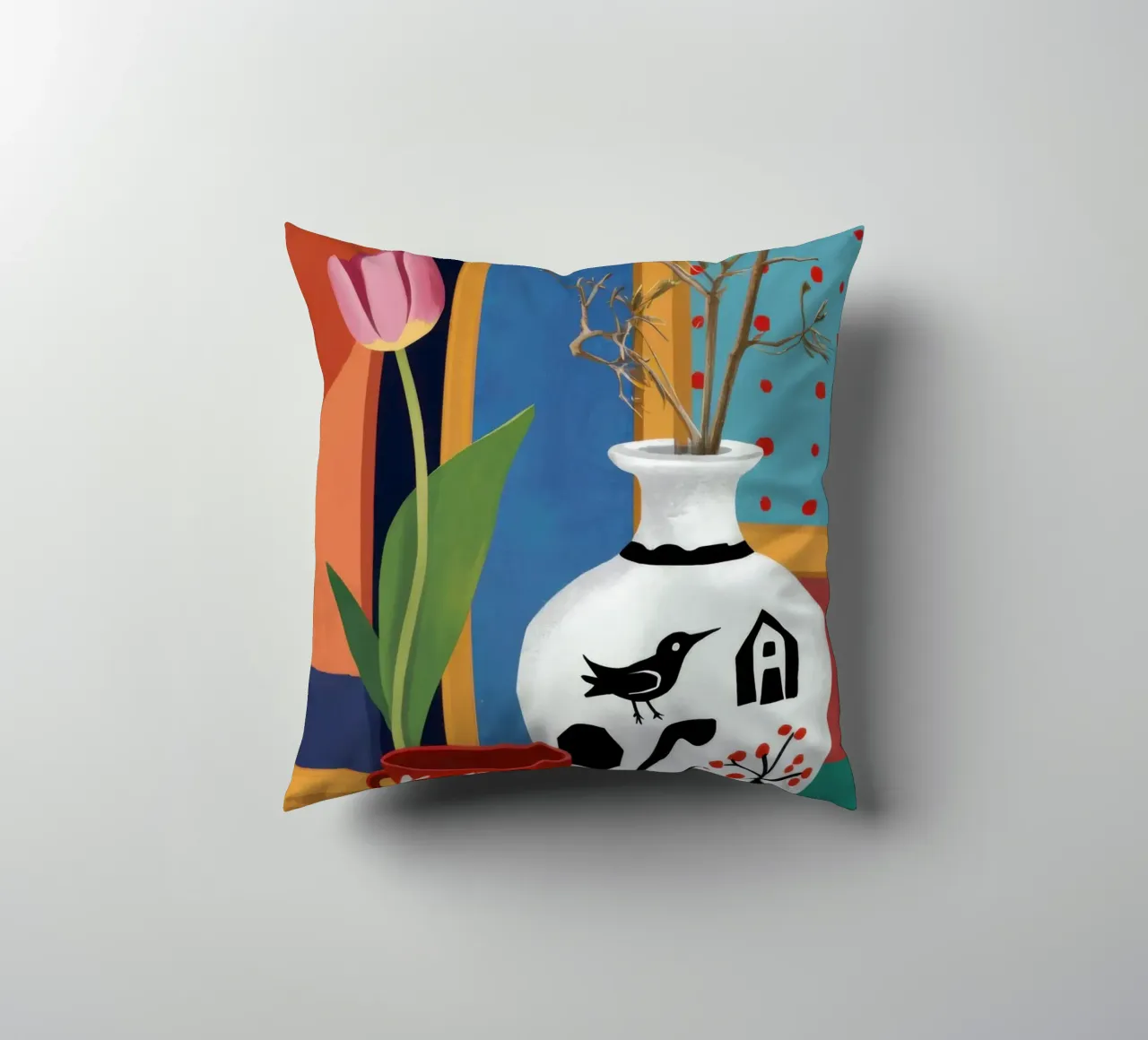 Whimsical Bird Vase decorative cushion by Arcane Lines