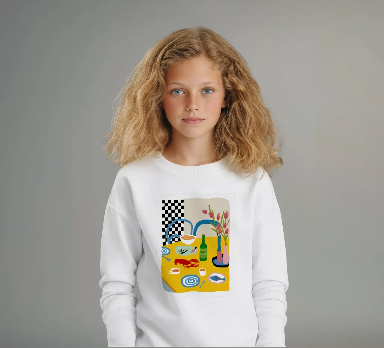 Checkered Bistro Still Life kids sweatshirt by Hollow Years