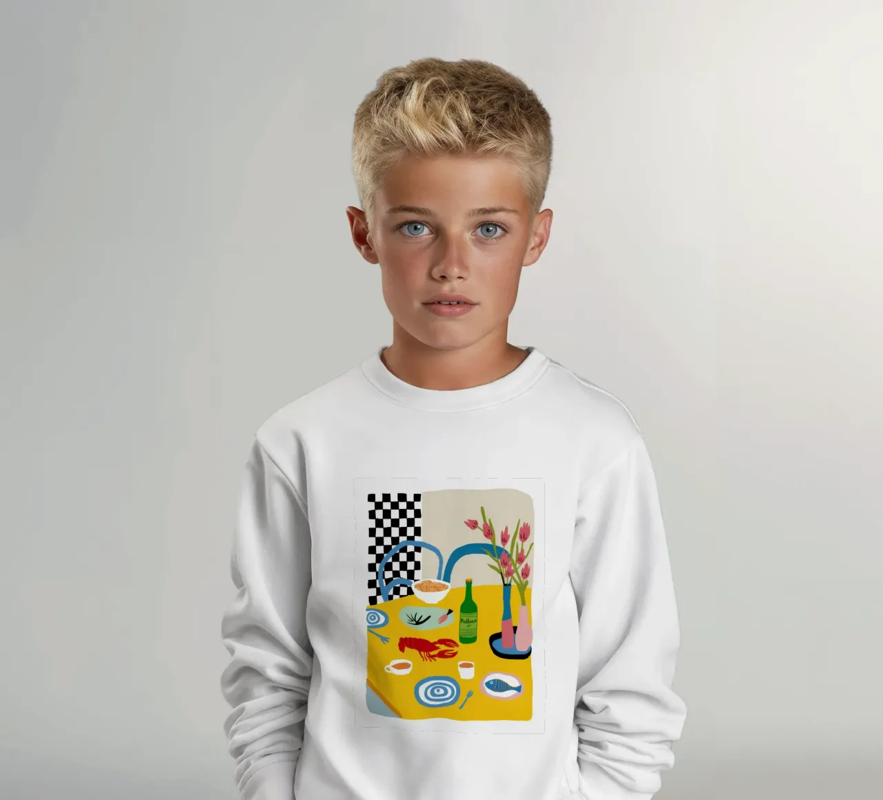 Checkered Bistro Still Life kids sweatshirt by Hollow Years