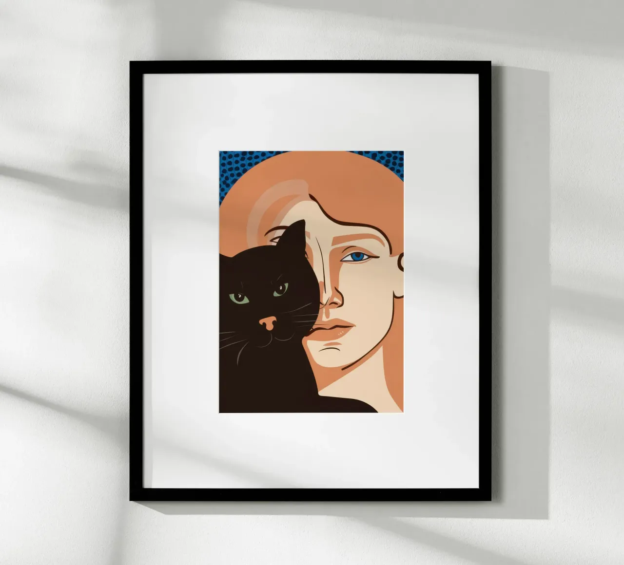 Gatto e volto umano poster con telaio in alluminio da Lune Dreams