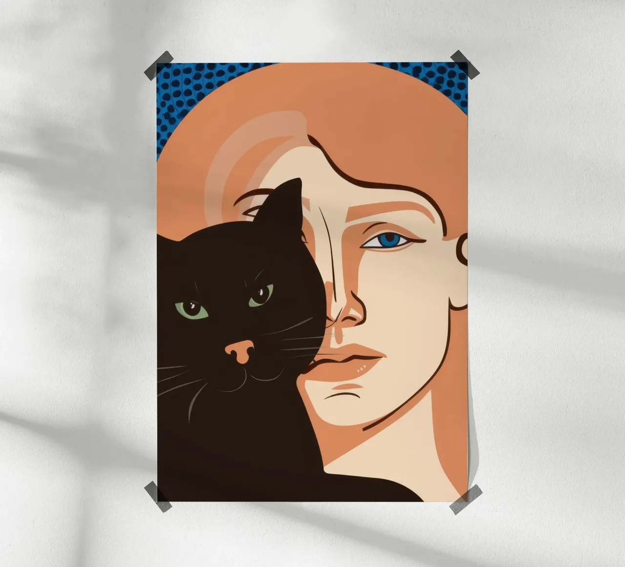 Gatto e volto umano poster con telaio in alluminio da Lune Dreams