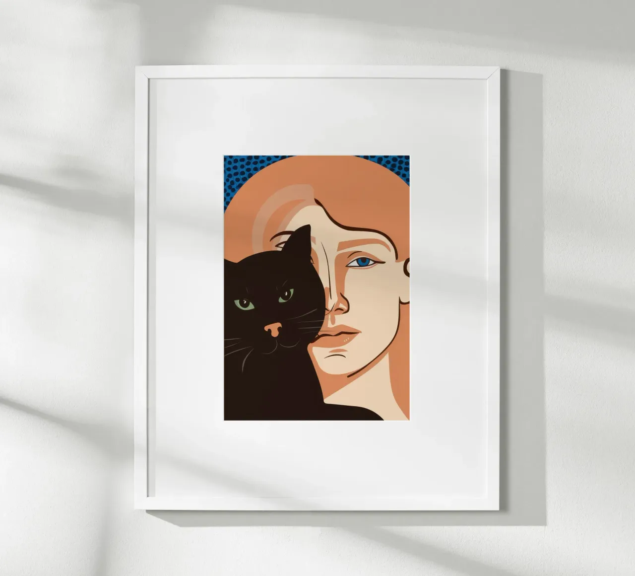 Gatto e volto umano poster con telaio in alluminio da Lune Dreams
