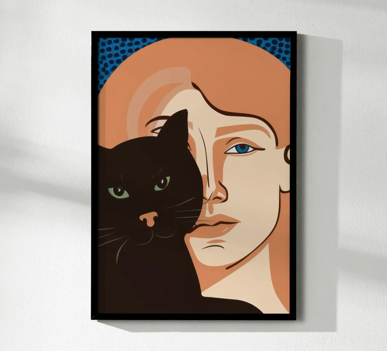 Gatto e volto umano poster con telaio in alluminio da Lune Dreams
