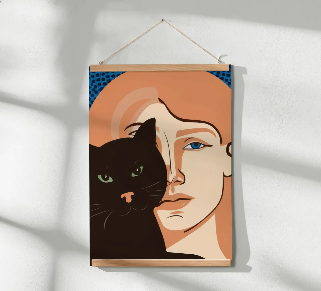 Gatto e volto umano poster con telaio in alluminio da Lune Dreams