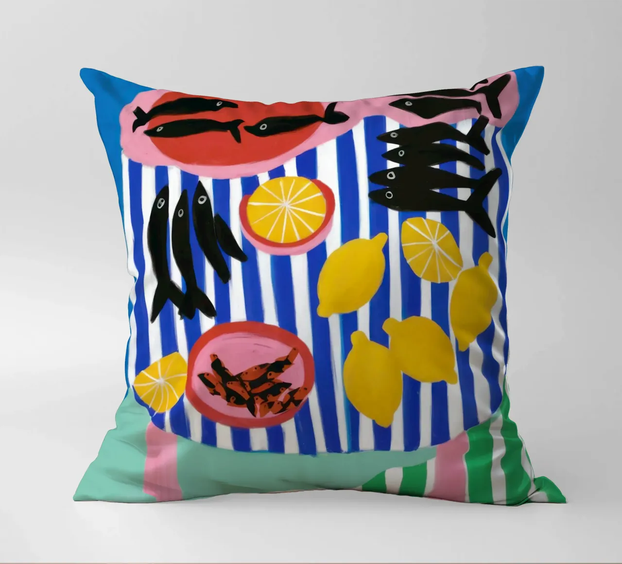 Striped Fish Feast decorative cushion by Arcane Lines