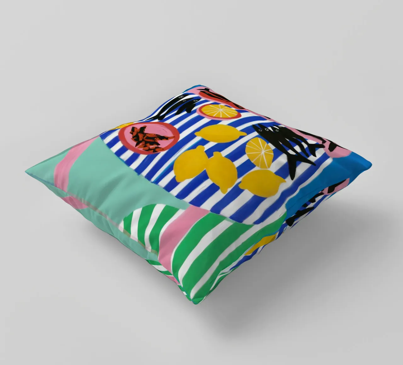 Striped Fish Feast decorative cushion by Arcane Lines