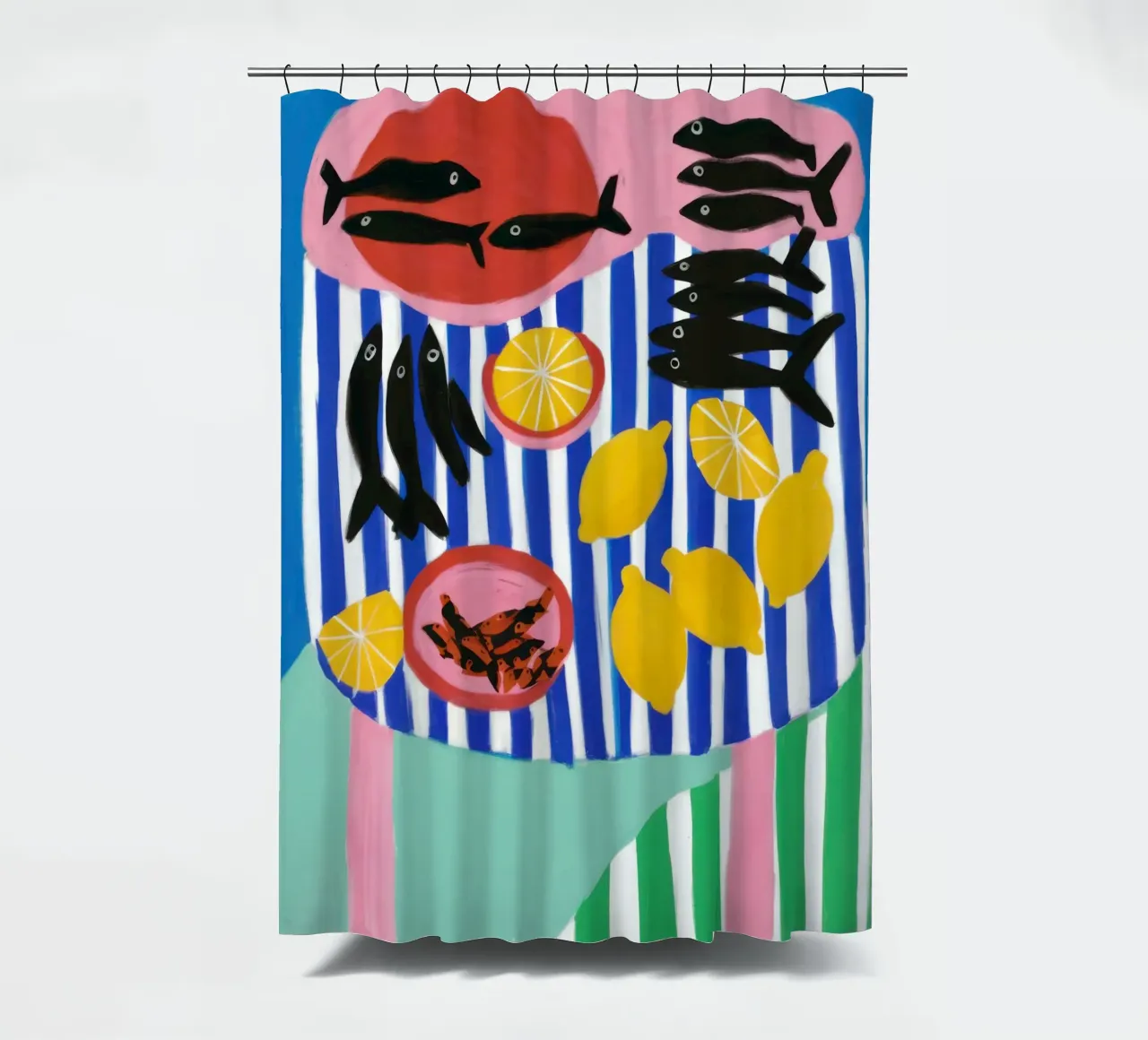 Striped Fish Feast shower curtain by Arcane Lines