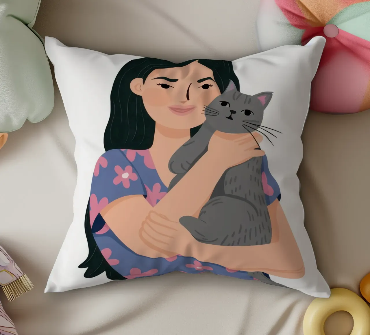 Donna con gatto in braccio cuscino da Lune Dreams