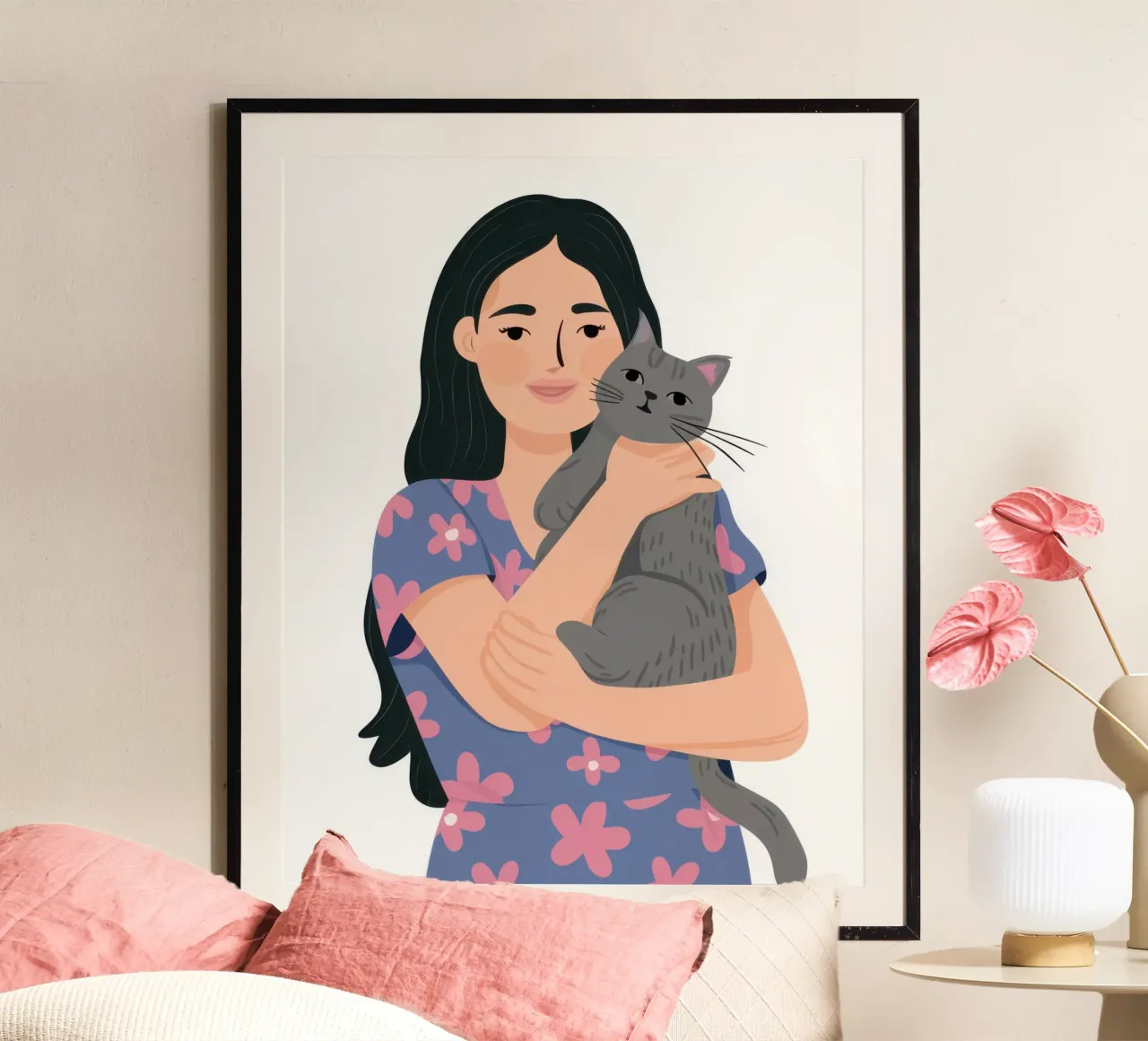 Donna con gatto in braccio poster con telaio in legno da Lune Dreams