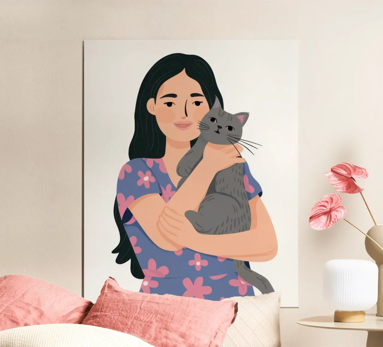 Donna con gatto in braccio poster con telaio in legno da Lune Dreams